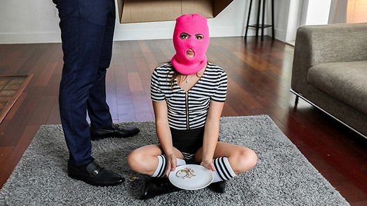 Petite Ava Eden puts on a hot pink mask and goes sneaking around her neighbor's house, so our stud hatches a daring plan to catch her in the act. He sets up a cardboard box in the middle of his living room and traps the tiny chick inside. Now, it's time for Ava to learn a valuable lesson. Sometimes, bad girls get caught!